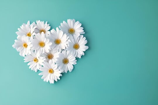 Moving daisies in shape of a heart on teal blue background. Heart and Daisy or Chamomile. Happy Mother's Day, Women's day, Charity Concept, With Copy Space.