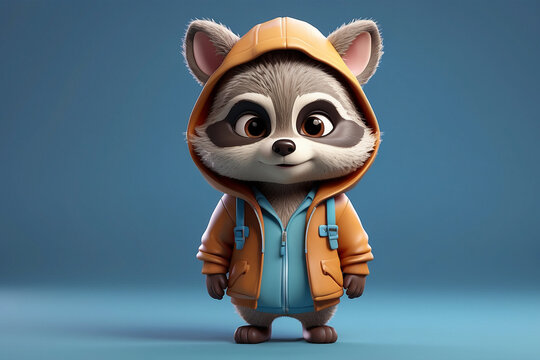 front view standing animated raccoon wearing hoodie full body