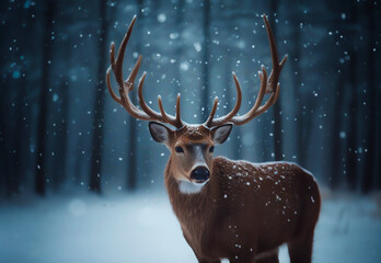 Beautiful deer in the winter forest. 