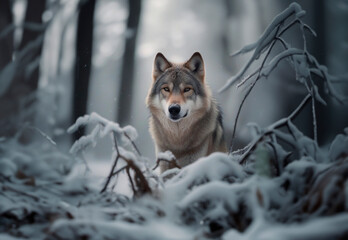 Portrait of the wolf in the winter forest.	
