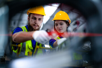 technician engineers team checking the machine and maintenance service. workers looking at the...