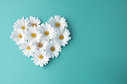 Moving daisies in shape of a heart on teal blue background. Heart and Daisy or Chamomile. Happy Mother's Day, Women's day, Charity Concept, With Copy Space.