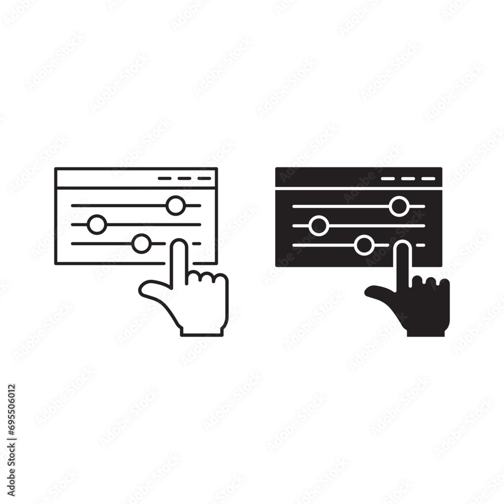 Poster control panel line and silhouette icon set. adjustment button with hand pictogram. control panel and