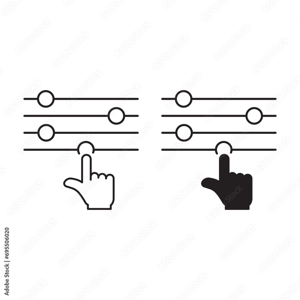 Poster control panel and pointer line and silhouette icon set. adjustment button with hand pictogram. contr
