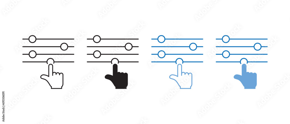 Poster multimedia adjusting symbol collection. control panel and pointer line and silhouette icon set. adju