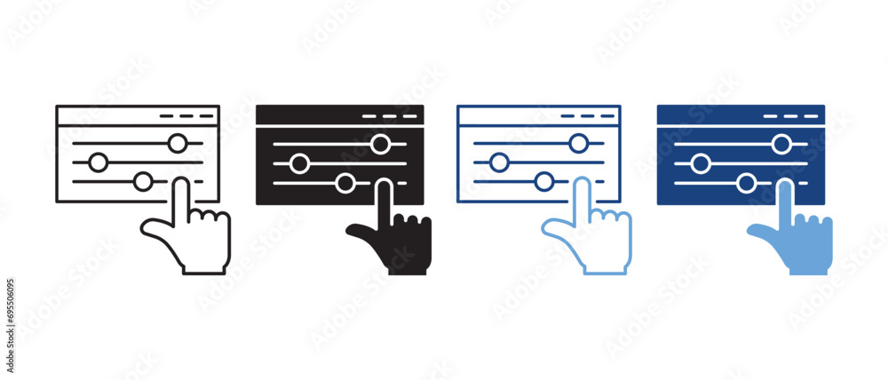Poster control panel and pointer sign. multimedia adjusting symbol collection. control panel line and silho