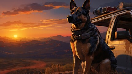 A K-9 unit vehicle, its reflective surface catching the vibrant hues of a setting sun against a...