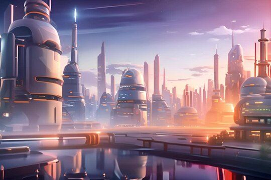 cartoon future cityscape with its futuristic architecture, soaring skyscrapers, bustling metropolis