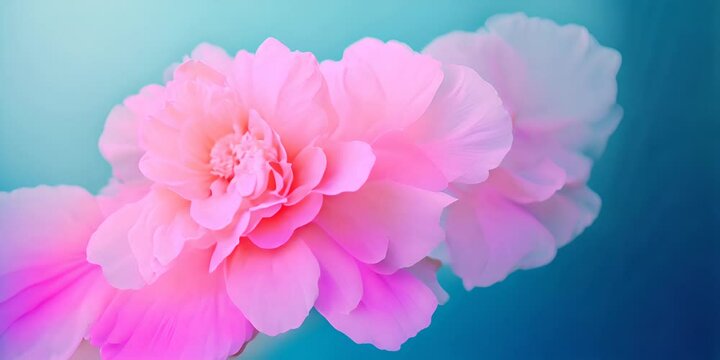 Beautiful Pink Flower with Moving Petals. Abstract floral blooming petals, slowly flowing on teal blue background.