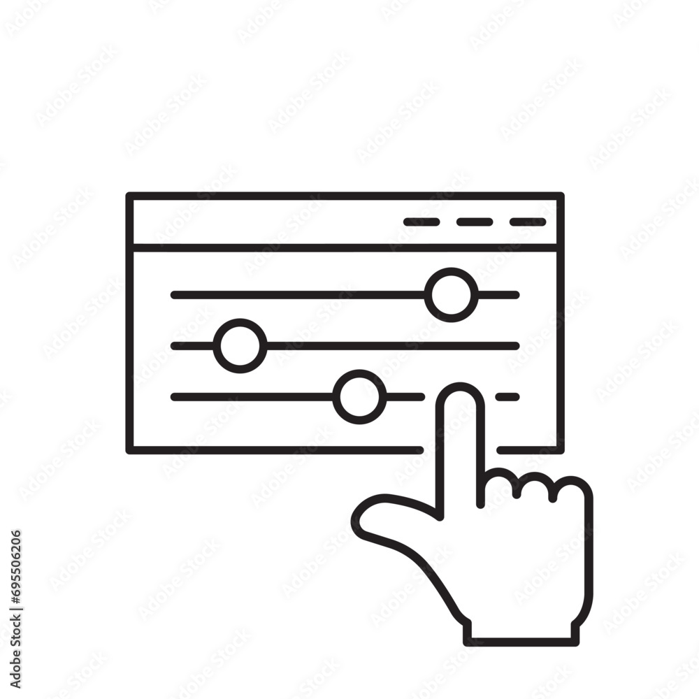 Poster control panel line icon. adjustment button with hand linear pictogram. control panel and pointer out