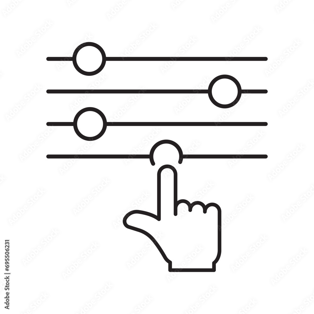 Poster control panel and pointer line icon. adjustment button with hand linear pictogram. control panel out
