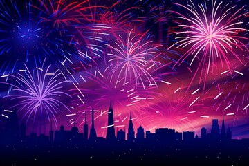 Fototapeta na wymiar Fireworks New Year's Eve background vector illustration. Colorful firework with cityscape