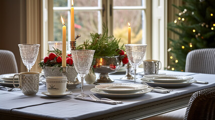 Christmas holiday family breakfast, table setting decor and festive tablescape, English country and home styling