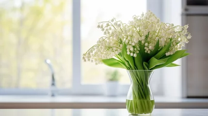 A bouquet of lily of the valley stands in a vase in the kitchen, copy space © aleksashka_89