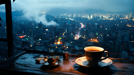 photo a cup of coffee on a table in front of a street with a city lights in the background
