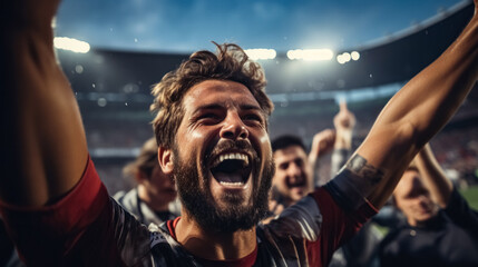 Excited football fans cheering for their favorite team during a soccer match at the stadium