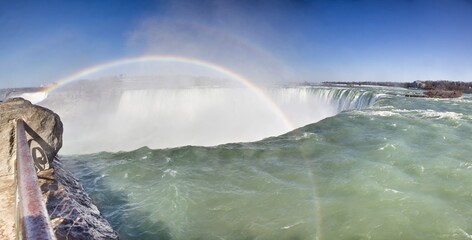 Panoramic picture over Niagara Falls with blue sky and rainbow in summer