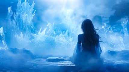 Fantasy portrait of a woman in ice. 3d rendering. Fairy tale scene with a girl in the ice cave. 3d rendering - obrazy, fototapety, plakaty