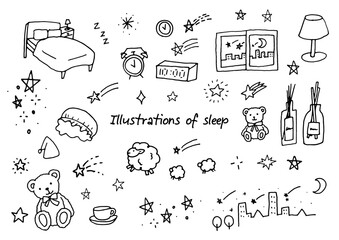 ペンで描いた眠り関係のイラスト落書きセット