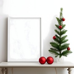 A white blank sheet of paper, a frame around an ornament of a Christmas tree and red baubles.