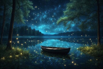 A boat on a lake at night - obrazy, fototapety, plakaty