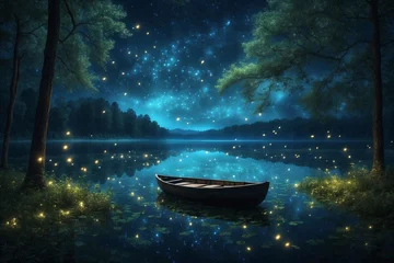 Fotobehang A boat on a lake at night © SynchR