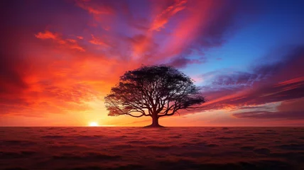 Cercles muraux Bordeaux The enchanting silhouette of a solitary tree against the backdrop of a vibrant sunset, with the colors reflected in the surrounding grass, creating a captivating and realistic scene.