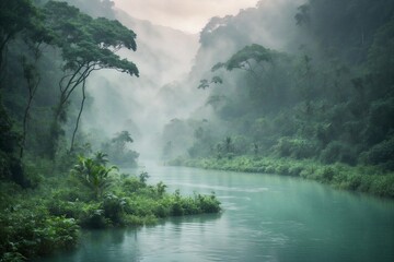 A river with trees and fog