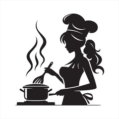 Girl Cooking Silhouette: Women Showcasing the Art of Cooking in Graceful Black Silhouettes - Minimallest Woman Cooking Black Vector Lady Silhouette
