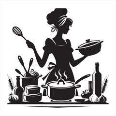 Girl Cooking Silhouette: Moments of Culinary Grace Articulated in Black Vector Silhouettes - Minimallest Woman Cooking Black Vector Lady Silhouette
