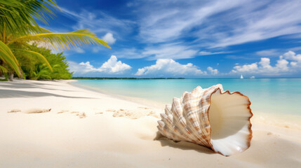 Obraz na płótnie Canvas Sea shell on white sand, pristine tropical beach in the afternoon