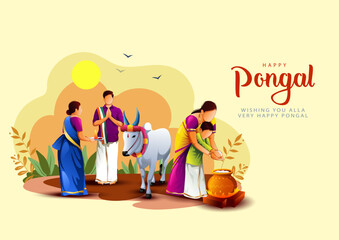 Happy Pongal celebration with sugarcane, Rangoli and pot of rice. Tamil girl making Pongal. Indian cultural festival celebration concept illustration vector design.