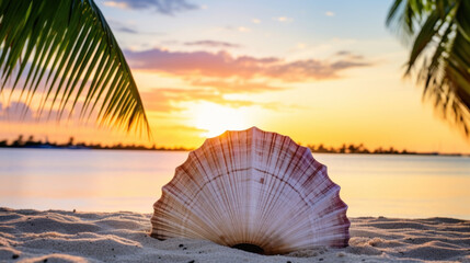Sea scallop shell on sand, water's edge on idyllic beach, sunset - obrazy, fototapety, plakaty