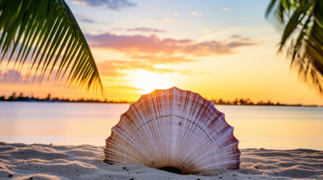 Sea scallop shell on sand, water's edge on idyllic beach, sunset