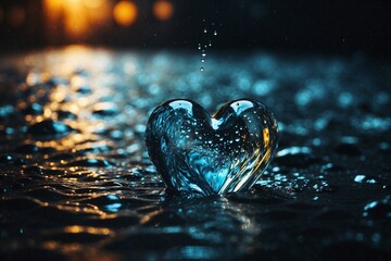 A heart shaped ice with water drops falling