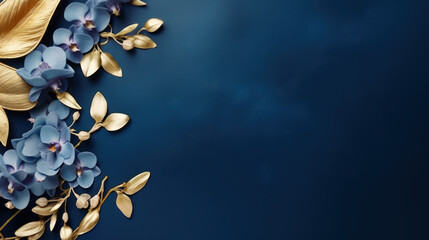 Blue flowers made of gold and enamel, copy space, postcard mockup