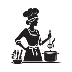 Girl Cooking Silhouette: Graceful Poses of Women in the Kitchen - Minimallest Woman Cooking Black Vector Lady Silhouette
