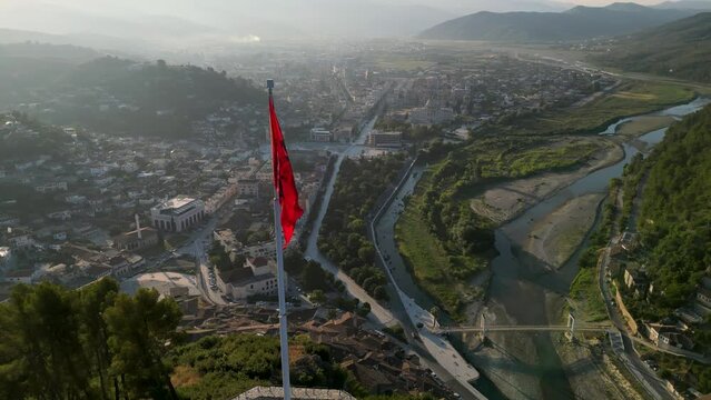 Albanian Flag, view of Berat Albania