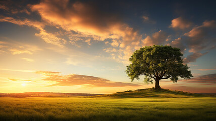 The grace of a lone tree reaching towards the heavens, surrounded by lush green grass, under the warm glow of a sunset sky filled with clouds, captured in high-definition clarity.