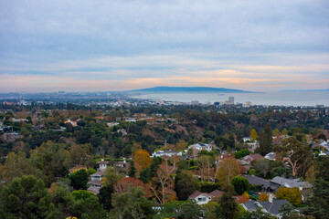 View during sunset of the City of Los Angeles taken from Inspiration Point in the Santa Monica Mountains.