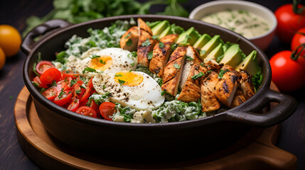 Grilled Chicken Caesar, an Artful Arrangement of Ingredients like avocados, eggs, tomatoes, lettuce in a pan, where Each Bite Paints a Picture of Flavorful Perfection