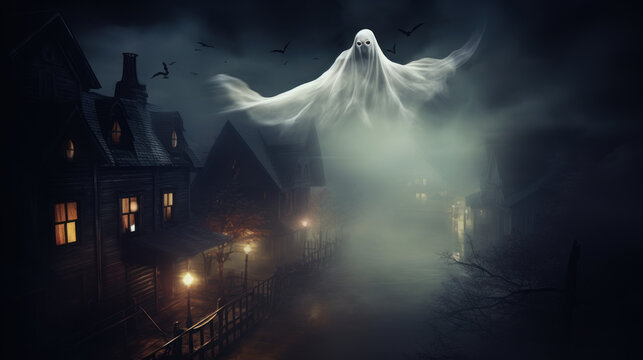 White ghost flying over town at night