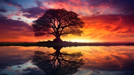 Aluminium Prints Reflection The grace of a solitary tree against the canvas of a mesmerizing sunset, with the beauty of the sky reflected in the surrounding grass, creating a stunning HD image.