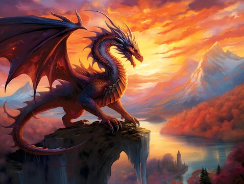 dragon on the rock in the sunset, 3d render and illustration