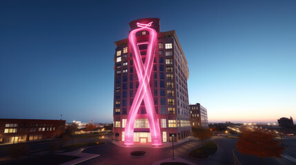 A cancer awareness ribbon illuminated on a landmark building. - obrazy, fototapety, plakaty
