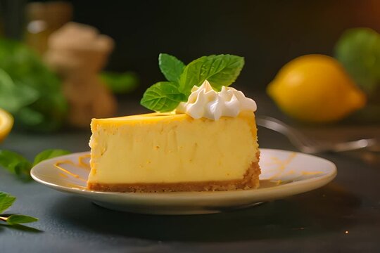 lemon cheesecake on plate on black background