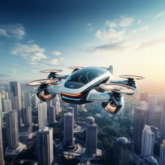 Futuristic Flight Marvel: Manned Roto Passenger Drone Soars Over City, Pioneering Future Transport