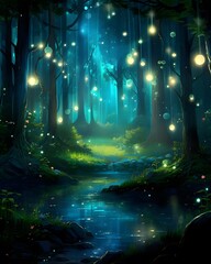 Fantasy dark forest with trees and lights - illustration for children.