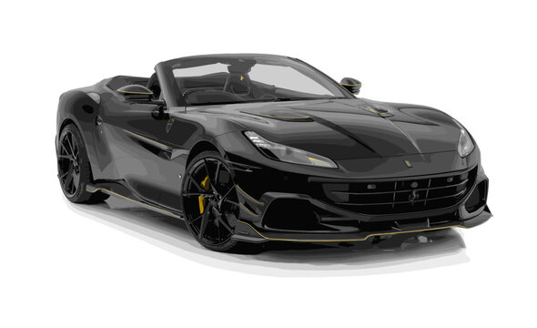 Sport car Ferrari icon. Editorial sport car Ferrari Portofino M black. Ferrari Portofino M convertible car. Front side view on auto. Isolated black convertible sports car. Vector icon
