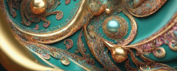 a close up of a gold and turquoise plate
